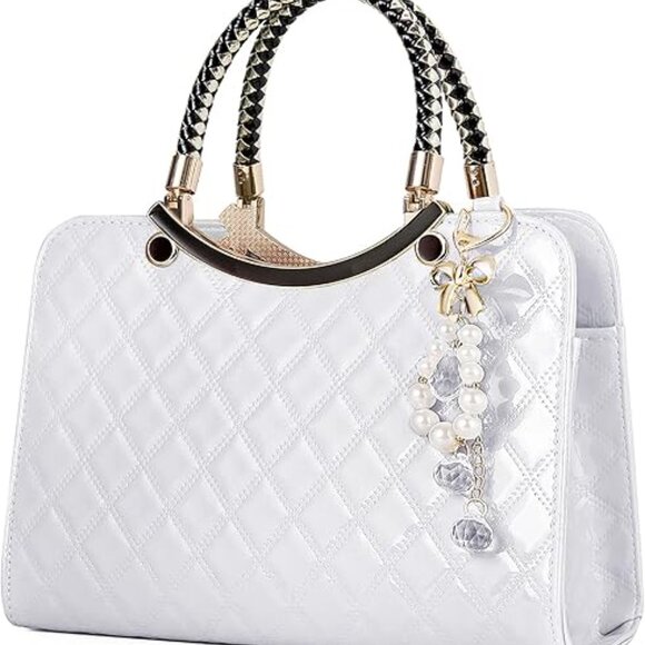 Neiman Marcus Shiny Faux Leather Diamond Pattern Top Handle Purse - Picture 4 of 7